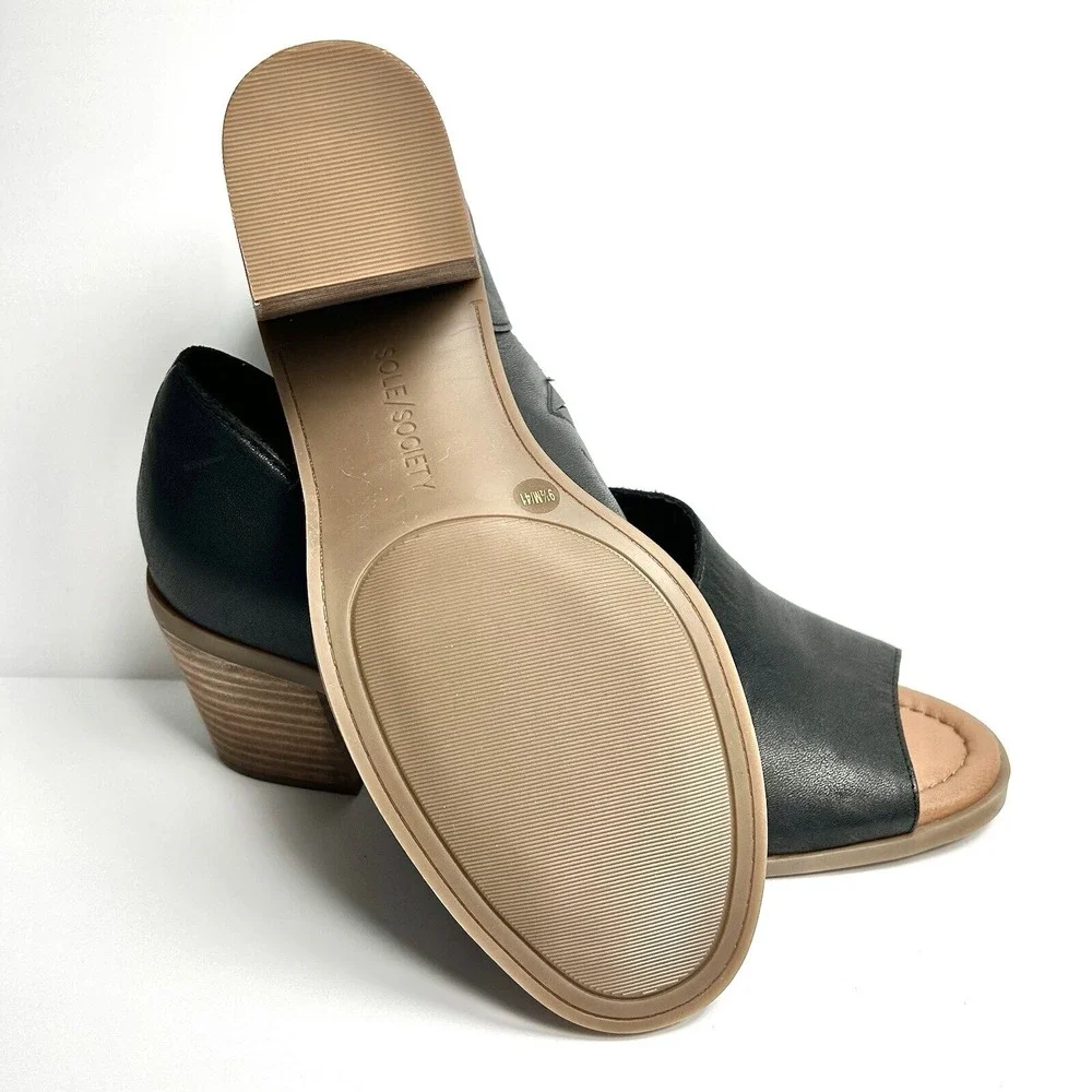 Sole Society NWOT Ramilia Black Leather Block Heel‎ Open Toe Shoe Women 9.5